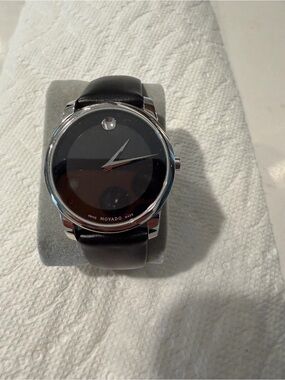 Movado Black Dial Silver Case Leather Strap Watch